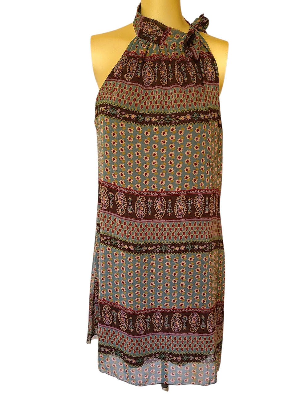 Wish Collection Paisley Floral Halter Mini Dress Boho Mod Lined Made in USA L